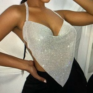 Silver Cowl Neck Bandana Rhinestone Halter Crop Top